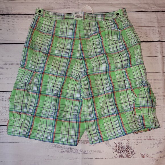 Polo Ralph Lauren Swim Trunks Size 34 Mens Green Plaid Cargo Drawstring Unlined - Picture 12 of 16